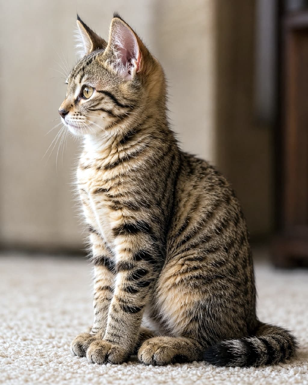 「ちょこんとお座り🐾 横顔の美しさにうっとりしちゃうキジトラ子猫ちゃん🥺✨ 失敗なんて言わせない可愛さです💯 #キジトラ #子猫 #にゃんすたぐらむ #猫のいる暮らし」Ultra-realistic high-quality photograph of a classic tabby kitten sitting calmly on a beige carpet. Viewed from a sharply angled side profile, the kitten features amber eyes, tufted upright ears, and a standard long tail instead of the intended Pixiebob bobtail. Soft indoor lighting highlights the detailed swirling fur texture and natural shadows. 室内灯の柔らかい光を浴びてベージュのカーペットにちょこんとお座りする、クラシックタビー（キジトラ）の子猫の斜め横顔。ピクシーボブを意図したものの、ふさふさとした立派な長い尻尾が描写されている。ピンと立った耳先のリンクスティップ、美しい琥珀色の瞳、くっきりとした被毛の渦巻き模様が高解像度で写し出されている
