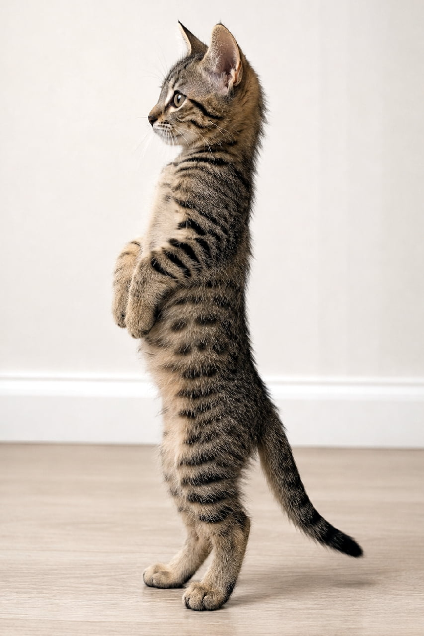 「背筋ピンッ！🐾 完璧なミーアキャットポーズでおねだりするキジトラ子猫ちゃんにメロメロです🥺💕 #子猫 #キジトラ #立ち猫 #にゃんすたぐらむ #猫のいる暮らし」An ultra-realistic high-quality photograph of an adorable classic tabby kitten standing tall on its hind legs in a full meerkat pose, with front paws held close to its chest. The body is shown in a perfect 90-degree side profile facing left, with its full standard-length tail clearly visible. The sharp focus captures its upright ears, expressive eyes, and detailed swirling fur texture under soft indoor lighting with natural shadows, set against a simple neutral wall and wooden floor. ミーアキャットのように後ろ脚でピンと直立し、前脚を胸元にきゅっと寄せた愛らしいクラシックタビー（渦巻き模様のキジトラ）の子猫。体は完璧な90度の真横（左向き）を捉え、頭から通常の長さの尻尾まで全身がはっきりと写っている。柔らかな屋内照明がもたらす自然な陰影の中、高精細な被毛の質感やピンと立った耳、真剣な眼差しが美しく描写された超高画質写真。背景はシンプルなオフホワイトの壁と明るい木目調の床