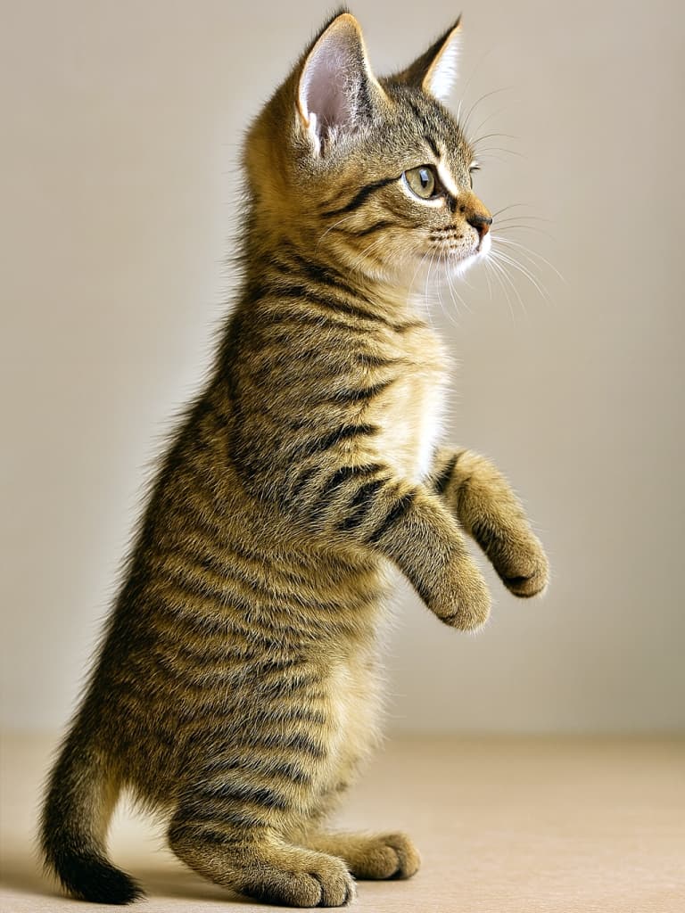 A curious tabby kitten in a playful semi-standing pose, front paws lifted and body slightly arched, facing right against a neutral beige background. 好奇心旺盛なタビー子猫が、前足を持ち上げて半立ちの遊びポーズ。体を少し反らせながら、ベージュ背景の中で右向きに立っている
