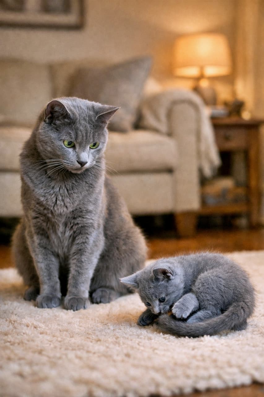 「しっぽと格闘する子猫を、静かに見守る大人猫。そのまなざしに、やさしい時間が流れます🐾」An elegant adult Russian Blue cat calmly watching over a tiny playful kitten of the same breed chasing its tail on a soft rug in a warmly lit interior. やわらかな室内の光の中、ラグの上でしっぽを追いかけて遊ぶ小さなロシアンブルーの子猫を、優しく見守る成猫のロシアンブルー