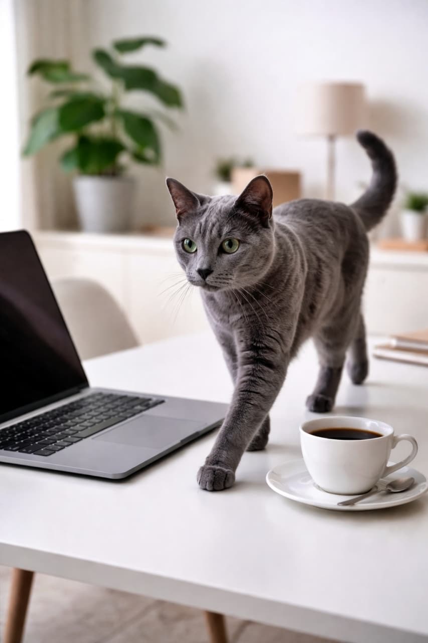 「仕事の合間に、優雅な監査が入ります☕ロシアンブルー、デスク横断中」A graceful Russian Blue cat walking across a minimalist white desk, carefully stepping past a laptop and a cup of coffee in a modern interior. ミニマルな白いデスクの上を、ノートパソコンとコーヒーカップを避けながら優雅に歩くロシアンブルーの猫