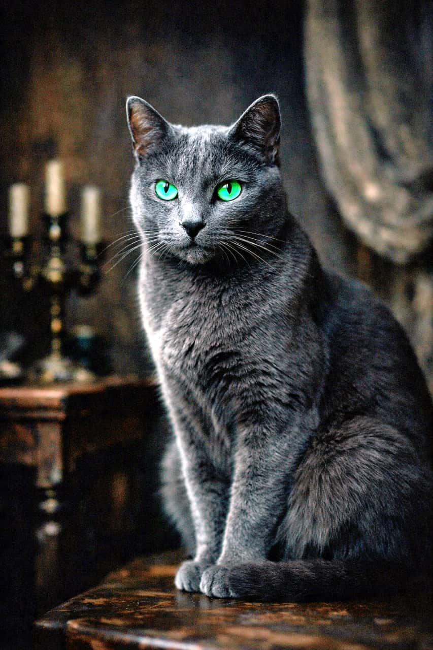 「闇に溶けるシルエット。光を捉えたエメラルドの瞳が、静かにすべてを見透かす」An elegant adult Russian Blue cat sitting in a dark room, its vivid emerald green eyes glowing intensely in the shadows. 薄暗い室内に座るロシアンブルーの成猫。闇の中でエメラルドグリーンの瞳だけが強く輝いている