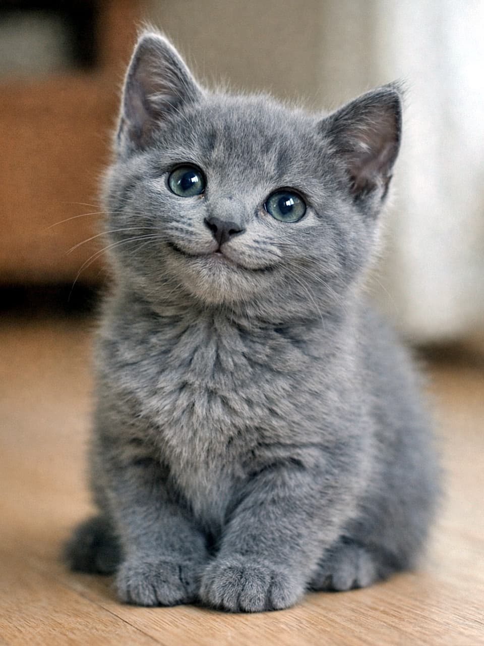 「古代彫刻みたいな微笑み…ロシアンブルーの子猫が放つ、静かな幸福感 🐾✨」A small Russian Blue kitten looking slightly upward with a gentle, natural smile reminiscent of an archaic smile, softly lit in a photorealistic style. わずかに上を見上げ、古代微笑を思わせる自然な口元をしたロシアンブルーの子猫