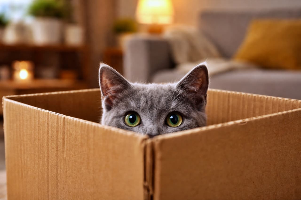 「箱の中はひみつ基地？👀緑の瞳だけで世界を観察中なロシアンブルーさん」A curious Russian Blue kitten peeking out from inside a cardboard box, showing only its bright green eyes and ears in a cozy living room. 段ボール箱の中から顔を少しだけ出し、鮮やかな緑の目と耳だけをのぞかせる好奇心旺盛なロシアンブルーの子猫。背景は落ち着いたリビングルーム