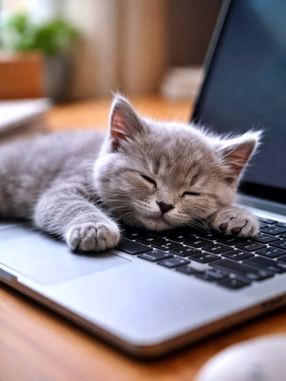 「仕事は中断中🐾キーボード占拠で熟睡するロシアンブルー子猫が可愛すぎる…💻💤」A fluffy Russian Blue kitten sleeping soundly on a laptop keyboard, completely blocking work in a funny and adorable scene. ノートパソコンのキーボードの上でぐっすり眠り、作業を完全に止めてしまうふわふわのロシアンブルーの子猫