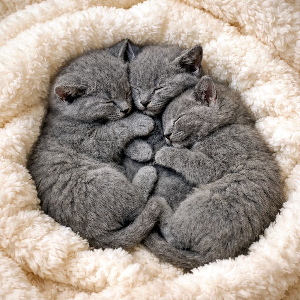 「ぎゅっと集まって夢の中。ロシアンブルー三兄弟の、ぬくもり満点お昼寝タイム💤」Three tiny Russian Blue kittens sleeping close together on a fluffy white blanket, viewed from above, with warm soft lighting. ふわふわの白いブランケットの上で、3匹のロシアンブルーの子猫が寄り添って眠っている様子（俯瞰・暖かい光）