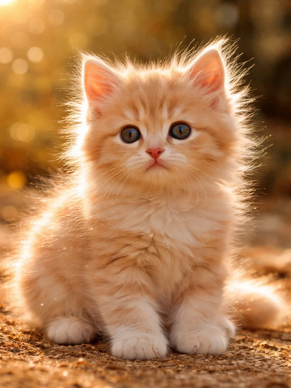 「陽だまりでふわっと輝く金色の毛並み✨見つめ返されるだけで心がほどける子猫です」A fluffy kitten with soft gold-tinted fur gently sparkling in warm sunlight, photographed in a realistic and natural style. やわらかな金色がかった毛並みが陽の光にきらめく、ふわふわの子猫のリアルな写真