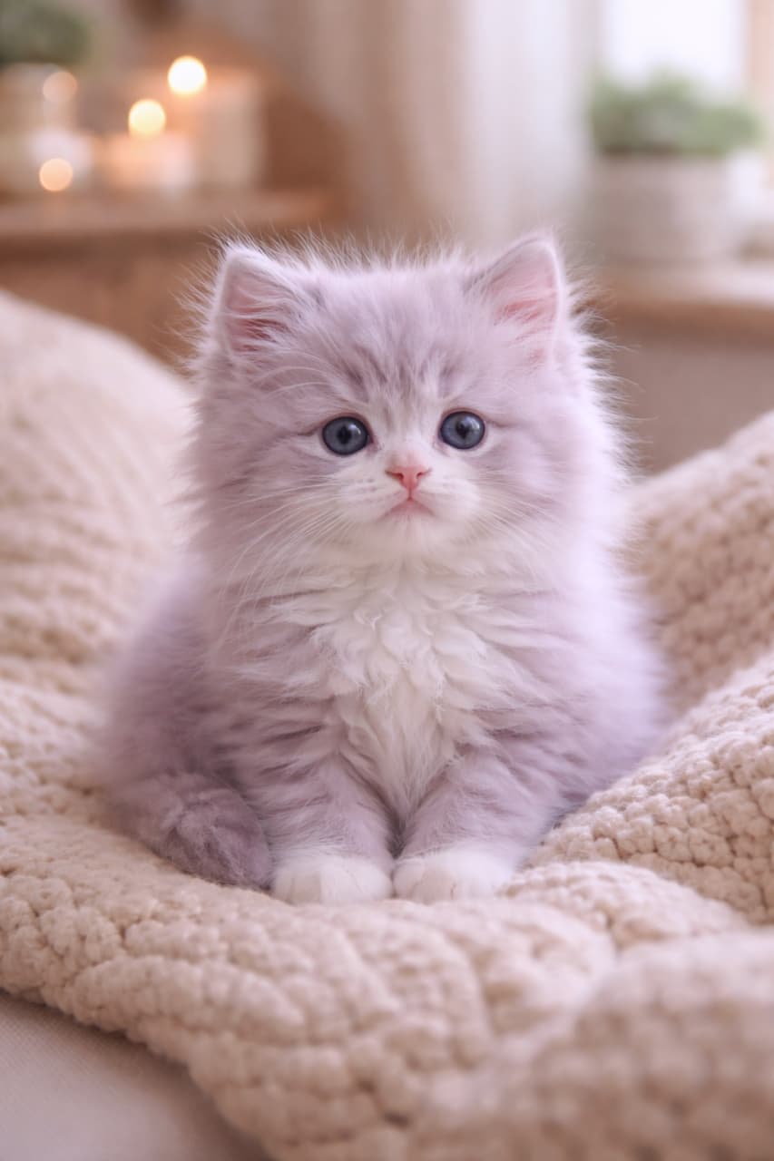 「ぬくもりの真ん中に子猫あり🐾ふわっとラベンダー、見てるだけで心がほどける」A fluffy lavender kitten resting on a knitted blanket indoors, with soft warm lighting and a calm, realistic atmosphere. 室内のニットブランケットでくつろぐ、淡いラベンダー色のふわふわ子猫を写したリアルな写真