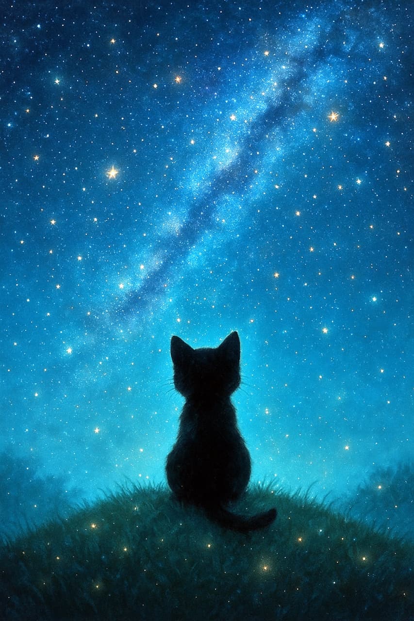 「夢のような青い夜と小さな背中💙 星と蛍の光が優しく包み込む、魔法の世界へようこそ✨🧚♂️」Rear view of a small black kitten on a rounded hill, looking up at a soft, dreamy teal-blue sky. Golden glowing dots resembling fireflies float in the grass and air. 丸みを帯びた丘の上で、幻想的なティールブルー(青緑色)の夜空を見上げる黒猫の後ろ姿。草むらには蛍のような金色の光が舞い、柔らかく夢のような雰囲気