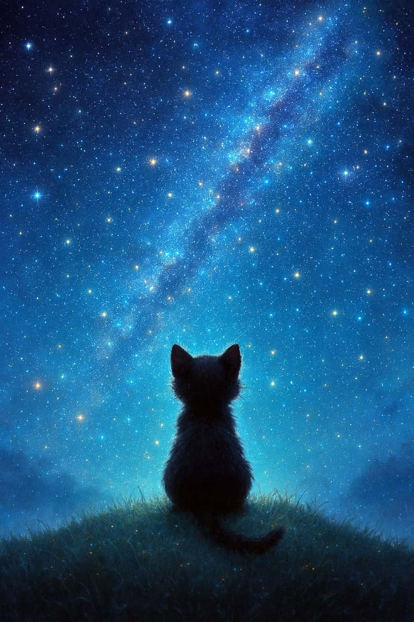 「星降る丘で、黒猫の夢~満天の星空を独り占め🌌 天の川の下で何を願うのかな?キラキラ輝く夜空に吸い込まれそう✨💫」A tiny back gazes into infinity. The stars glow like lanterns, lighting the kitten’s dreams. “Black kitten sitting on grassy hill under starry night sky with Milky Way, fantasy dreamlike glowing stars, viewed from behind.” / Rear view of a black kitten silhouette sitting on a grassy hill, gazing at a vibrant, deep blue starry sky with a highly detailed Milky Way stretching diagonally. 草の生えた丘の上に座り、鮮やかな深い青色の星空と、くっきりと描かれた天の川を見上げる黒猫のシルエット。星々の輝きが鋭く詳細に描かれている