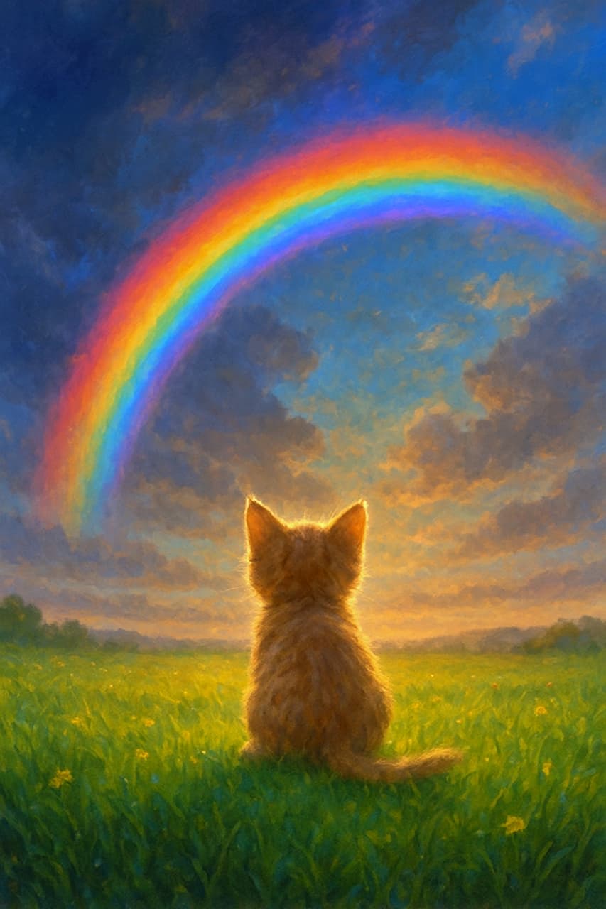 「まるで絵画の世界🖼️ 雨上がりの空にかかる大きな虹と、希望に満ちた背中🌈✨」Rear view of a fluffy bright ginger kitten sitting in a green field, looking up at a vibrant rainbow. The image has a soft, oil-painting style with warm golden lighting in the clouds. 草原に座り、鮮やかな虹を見上げるふわふわした明るい茶トラの子猫の後ろ姿。油絵のような柔らかなタッチで、雲には夕陽の黄金色が混ざり、幻想的な雰囲気