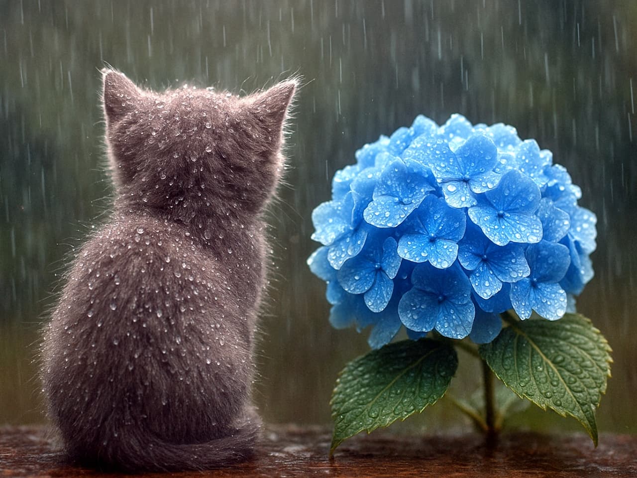 「雨の日は紫陽花と背くらべ☔️ しっとり濡れた背中と淡いブルーの世界観に癒やされる〜🐌💙」Rear view of a wet grey kitten sitting beside a soft blue hydrangea flower in the rain. Visible white rain streaks and delicate water droplets cover the fur and petals. 雨の中、淡い水色の紫陽花の隣に座る濡れたグレーの子猫の後ろ姿。白い雨の筋がはっきりと見え、毛並みや花びらに繊細な水滴がついている