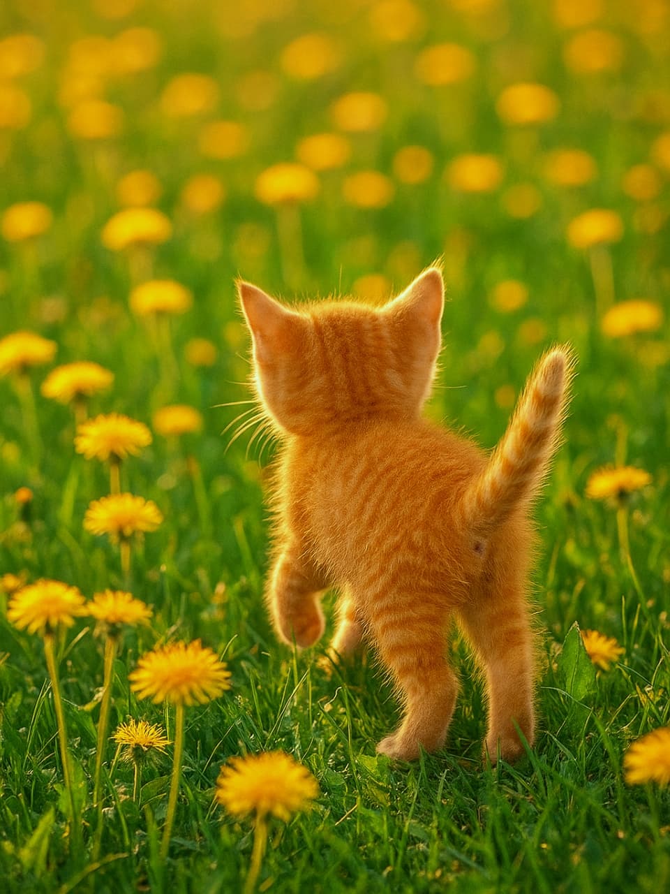 「お花畑でお散歩中🐾 一歩踏み出す小さなあんよと、ご機嫌なシッポに胸キュン必至💛🌇」Rear view of a ginger kitten taking a step with its left paw raised in a dandelion field. Its tail is curved slightly to the right, bathed in soft warm sunset light. タンポポ畑の中を散歩する茶トラの子猫の後ろ姿。左足を上げて一歩踏み出す瞬間で、尻尾は少し右にカーブしている。柔らかな夕陽が草花を照らす