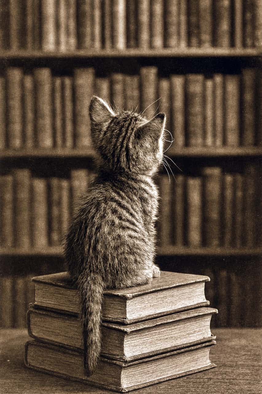 「次はどの本を読もうかな?📖 背伸びして本棚を見上げる姿が真剣そのもの🧐 静かな図書館で一休み☕️」 図書館の古書の上に座り、高い本棚を見上げるキジトラ子猫の後ろ姿。セピア色の写真で、眼鏡はかけておらず、長い尻尾が本の下に垂れ下がっている Vintage sepia-toned rear view of a tabby kitten sitting on a stack of hardcover books, gazing up at blurred library shelves. Its long tail hangs down the side of the books. / "In the hush of the library, wisdom waits for even the smallest seeker." Vintage sepia photo of a kitten with round glasses sitting on old books in a library, looking up at shelves, whimsical and intellectual scene