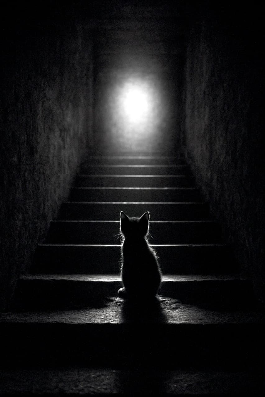 「暗闇の中で見つけた希望の光✨ 小さな勇気を持って、光のさす方へ一歩ずつ🐾🌟」Silhouette of a kitten sitting on dark stairs, looking up towards a mysterious, round spotlight glowing in the darkness. The steps create a rhythmic horizontal pattern. 暗い階段に座り、上方にある丸いスポットライトのような神秘的な光を見つめる子猫のシルエット。階段の段差がリズミカルな横縞模様を作っている
