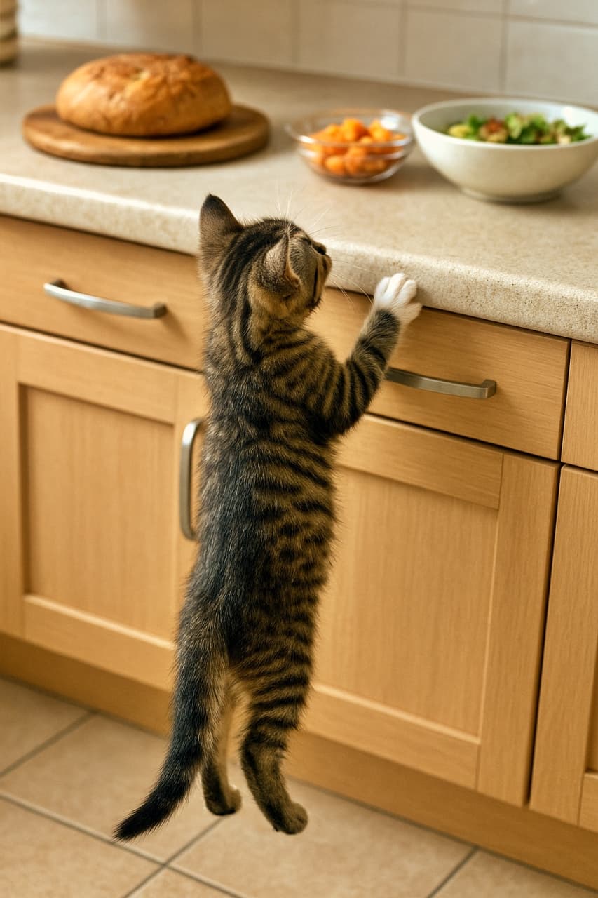 「よいしょ、っと!美味しい匂いにつられて背伸び🐾 今日のごはんは何かな〜?😋🥗」Side-rear view of a tabby kitten standing on its tiptoes, resting its paws on the counter edge above wooden drawers, curiously eyeing bowls of salad and bread. 木製の引き出しがあるキッチンカウンターに向かって、つま先立ちで背伸びをするキジトラ子猫。上のボウルにあるサラダやパンを横から覗き込んでいる