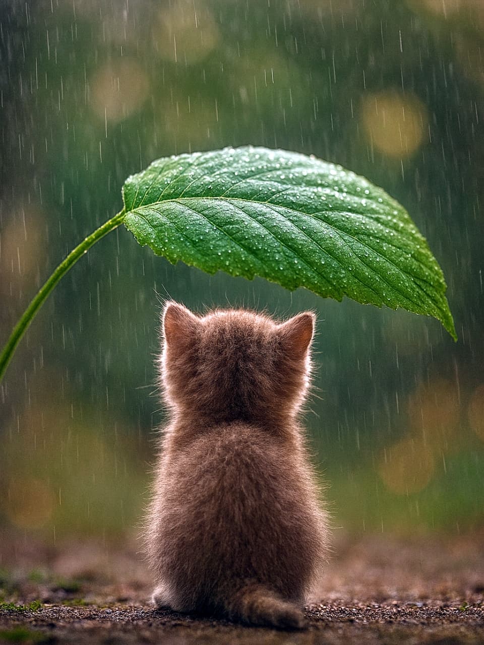 「「雨宿りのちび猫」葉っぱの傘でちょっと雨宿り☔️ 雨音に耳をすませる子猫の小さな背中にキュンとしちゃう🌿💛」Rear view of a fluffy kitten sitting in the rain under a large, serrated green leaf arching from the left, acting as an umbrella. Detailed texture of water droplets on the leaf. A small heart beneath a great leaf, listening to the music of rain. Ultra-realistic photo of a fluffy kitten sitting under a large green leaf in the rain, cinematic lighting, bokeh background, high detail 雨の中、左上から伸びる大きなギザギザした葉の下で雨宿りをする、ふわふわした子猫の後ろ姿。葉についた水滴の質感がリアル