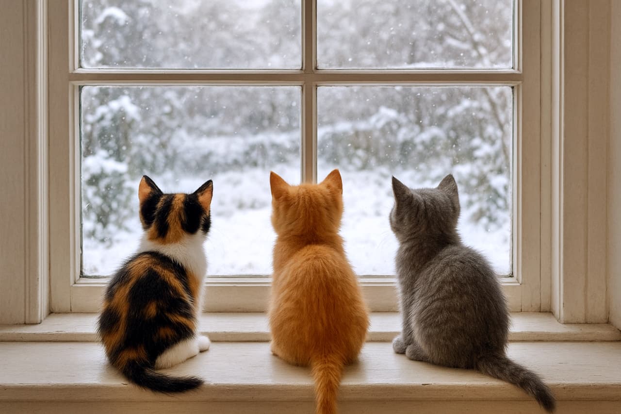 「おしゃれな格子窓から雪見物👀❄️ どの背中も丸くてかわいい、冬の平和なひととき☕️🏠」Rear view of three kittens (calico, orange, grey) sitting on a windowsill, looking through a classic window with white grid frames (panes) at a snowy scene. 白い格子状の枠(グリッド)がある窓辺に並んで座り、外の雪景色を見つめる3匹の子猫(三毛、茶トラ、グレー)の後ろ姿
