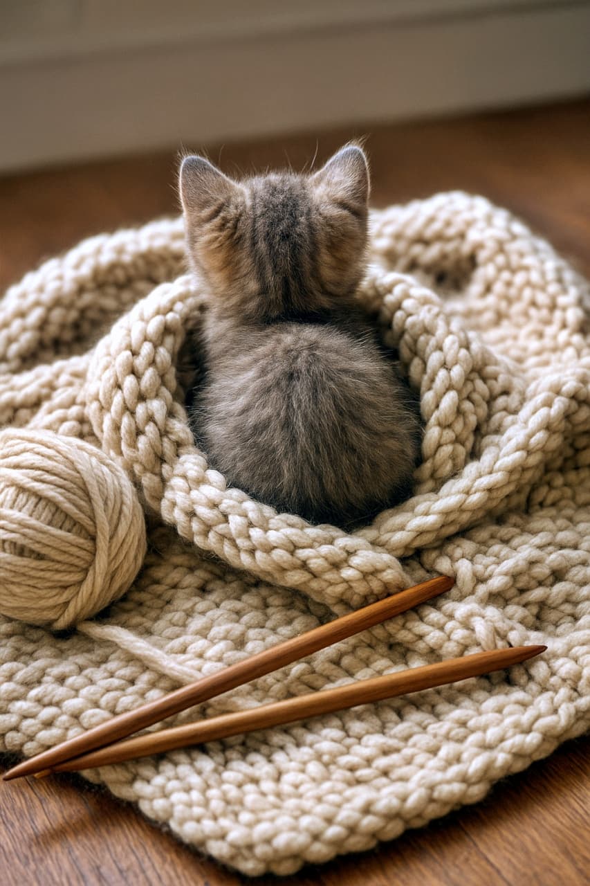 「ふわふわニットの上がお気に入り!🧶✨ 編み棒を枕にお昼寝タイムかな?ほっこり冬の午後☕️🐾」High-angle rear view of a fluffy kitten sitting on top of a pile of beige chunky knit blanket. Two wooden knitting needles lie diagonally in the foreground next to a ball of yarn. ベージュのチャンキーニットの山の上にちょこんと座る、ふわふわした子猫の真上後ろからのショット。手前には2本の編み棒が斜めに置かれ、左側には毛糸玉がある。自然光で明るい雰囲気