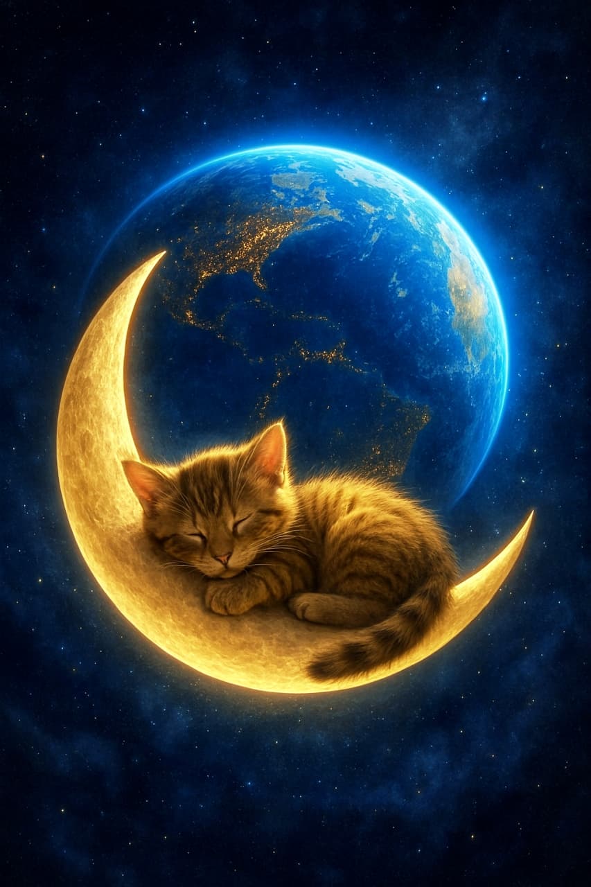 「月のベッドでスヤスヤ…🌙 輝く地球を背に、銀河で一番可愛い寝顔を独り占め😴💙」黄金色に輝く三日月の上で丸まり、安らかに眠る茶トラ子猫。背景には巨大な青い地球が浮かび、子猫の寝顔を優しく見守っているような構図 Side view of a ginger kitten sleeping peacefully, curled up on a bright, golden glowing crescent moon. The Earth serves as a majestic backdrop directly behind the kitten. Cradled by the crescent, the kitten dreams while Earth keeps watch. Photorealistic fantasy of a kitten sleeping on a glowing crescent moon in outer space, with Earth glowing in the background, peaceful and surreal.