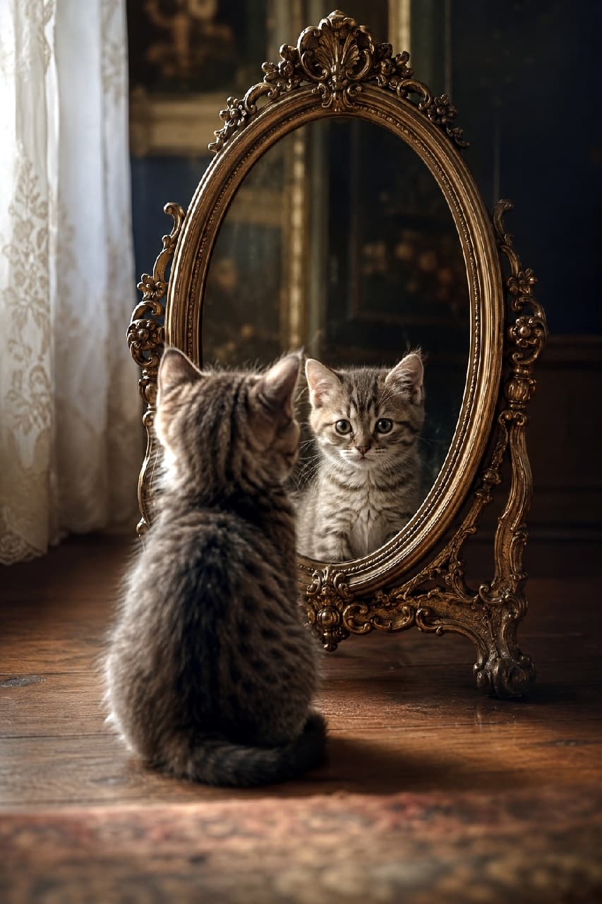 「鏡よ鏡、世界で一番可愛いのはだぁれ?🪞✨ まるで絵本の世界🐈 #アンティーク #子猫 #猫のいる暮らし」 Ultra-realistic high-quality photograph of a brown tabby kitten sitting before an ornate antique gold mirror. The vintage lighting perfectly captures the kitten's curious reflection in a classic, moody room. 重厚で美しい装飾が施されたアンティークゴールドの鏡の前に、ちょこんと背を向けて座るキジトラの子猫。薄暗くクラシックな部屋の中で、鏡の中には丸い瞳で不思議そうにこちらを見つめる愛らしい顔がくっきりと映し出された、絵画のような高画質写真