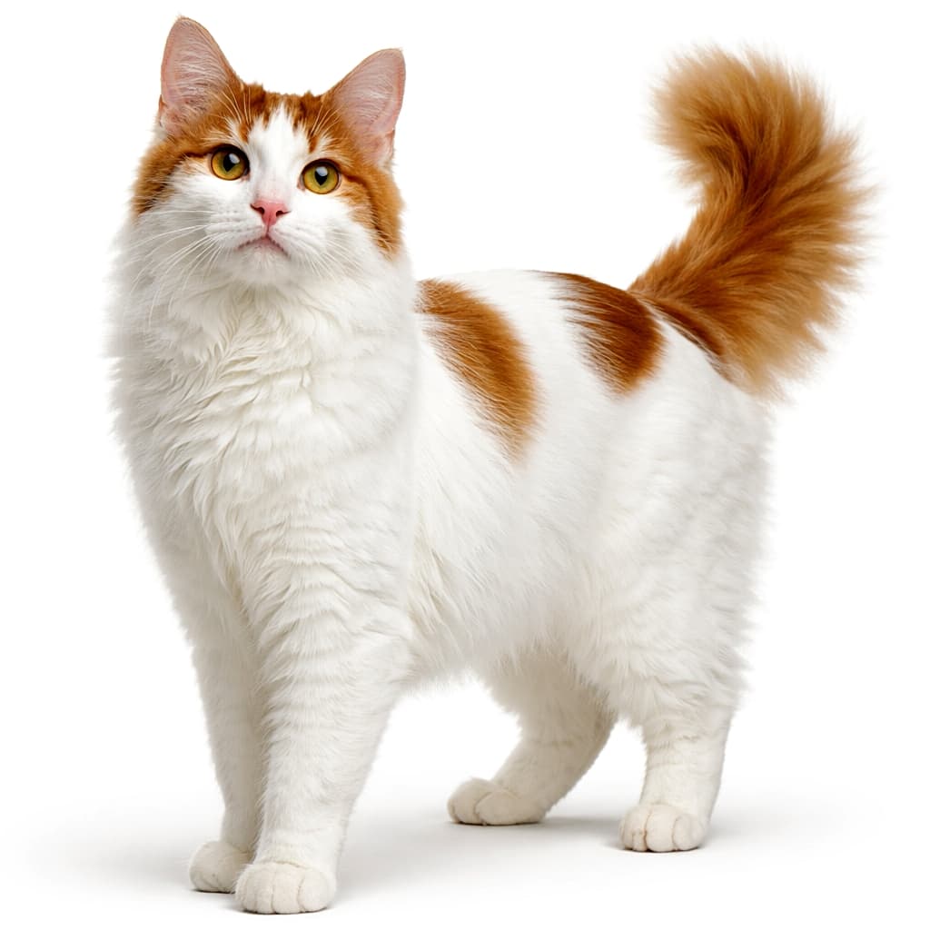 「ふわふわの尻尾が自慢！気品と可愛さを両立したターキッシュバン✨」Photorealistic auburn and white Turkish Van cat standing with full body visible under natural light 自然光の下で全身が写る、オーバーン＆ホワイトのターキッシュバン猫のリアル写真