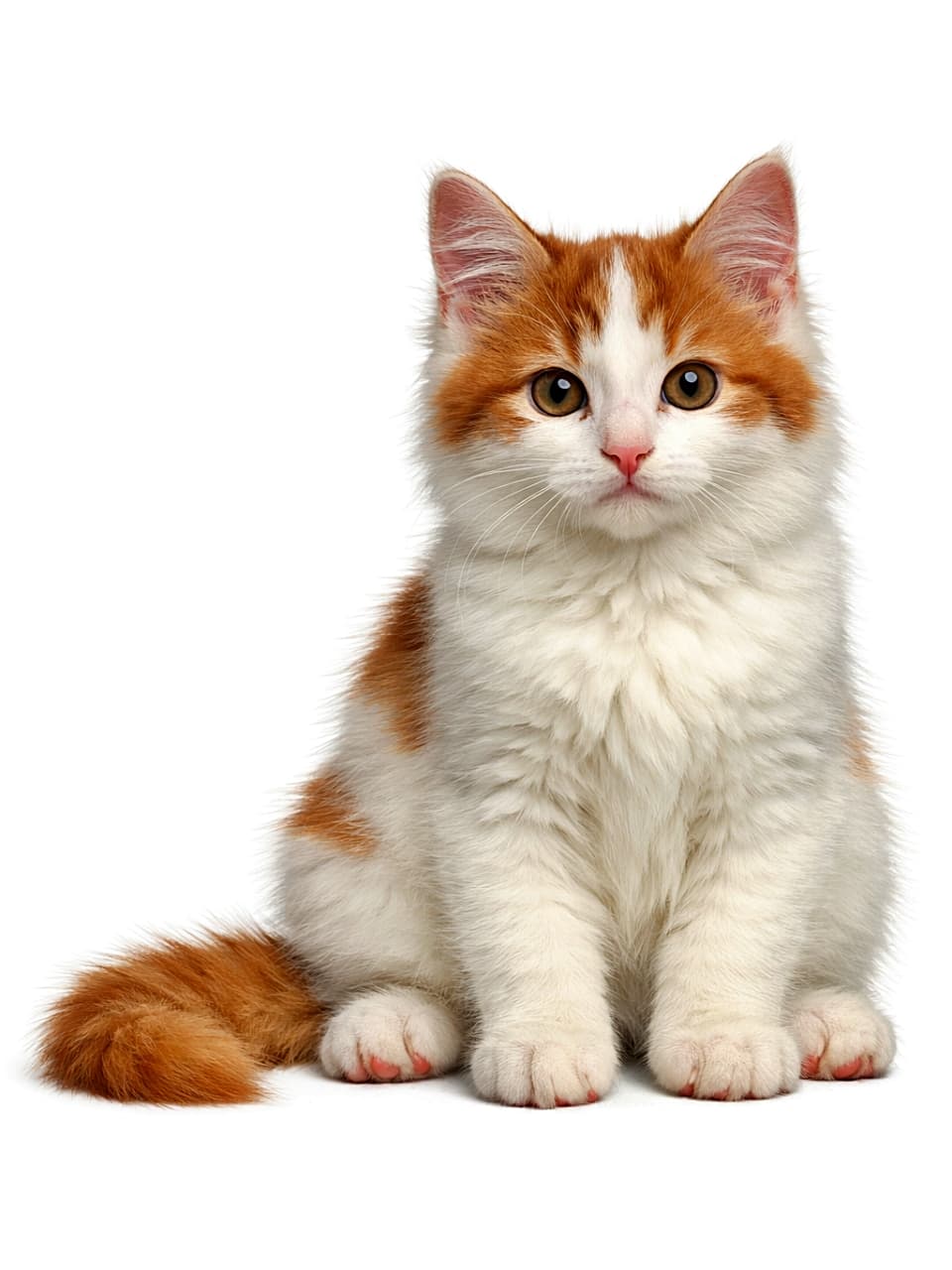 「ちょこんとおすまし顔。ふわふわ茶白のターキッシュバン子猫に癒やされる一枚🐾」Photorealistic auburn and white Turkish Van kitten sitting and facing the camera, full body visible, natural lighting, high-resolution detail. 自然光の下でカメラを正面に見つめて座る、全身が写った茶白のターキッシュバンの子猫の高精細写真