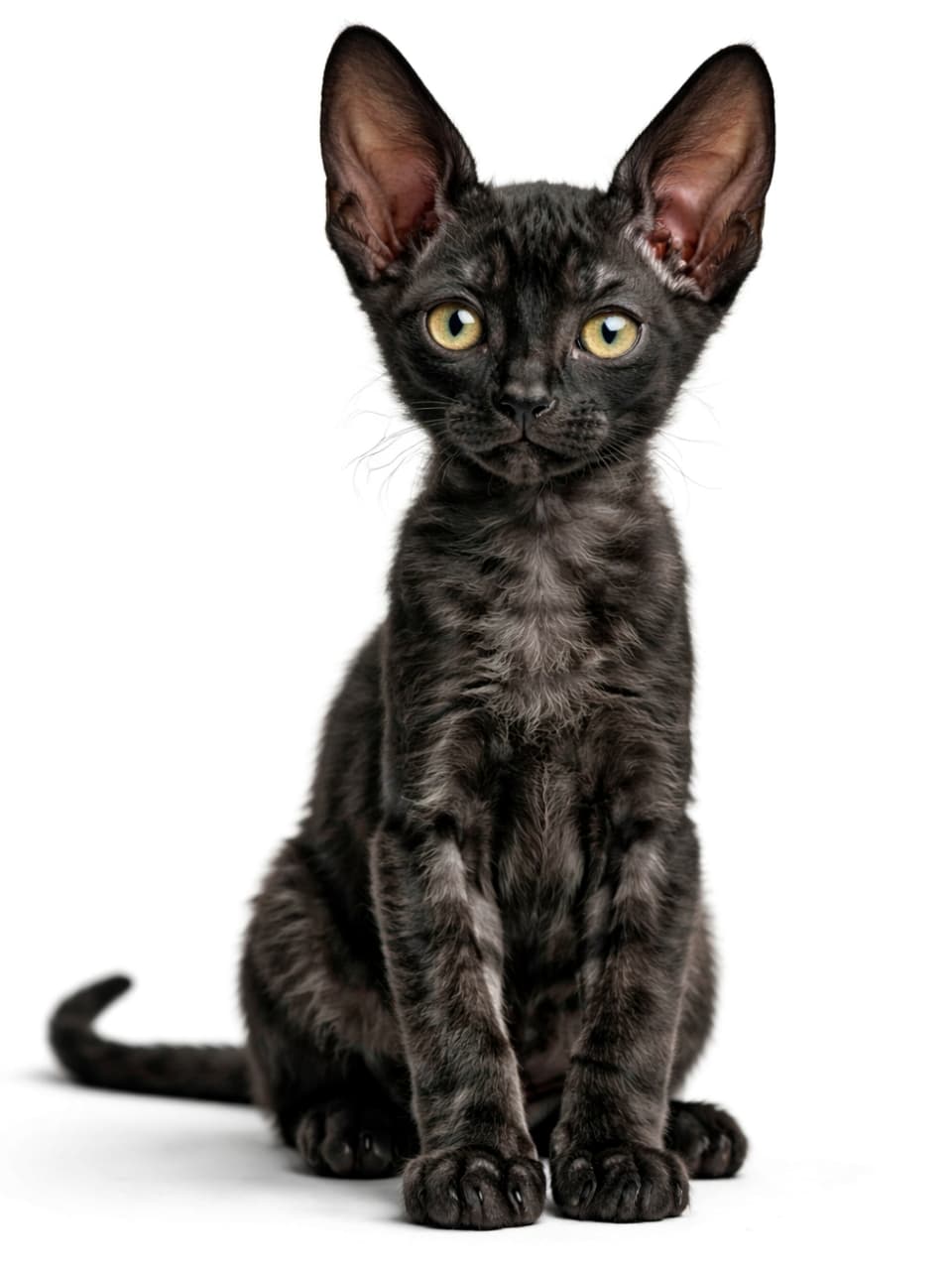 「大きな耳に、すらっとボディ。ブラックスモークのレックス子猫、静かに視線ロックオン🐾」Photorealistic black smoke Cornish Rex kitten sitting upright on a white background, with large ears, slender body, and silky curly fur rendered in natural light. 白背景の前でおすわりするブラックスモークのコーニッシュレックス子猫。大きな耳としなやかな体、自然光で表現された絹のような被毛が写っている