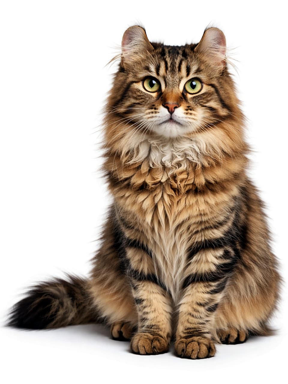 「くるんとカールしたお耳がチャームポイント。ふわふわ毛並みがたまらない美猫さんです🐾」Photorealistic brown tabby longhair American Curl cat sitting upright, full body visible, curled ears and fluffy fur captured in high resolution on a white background 白背景で全身が写る、耳がカールしたブラウンタビーの長毛アメリカンカール猫の高精細フォトリアル画像