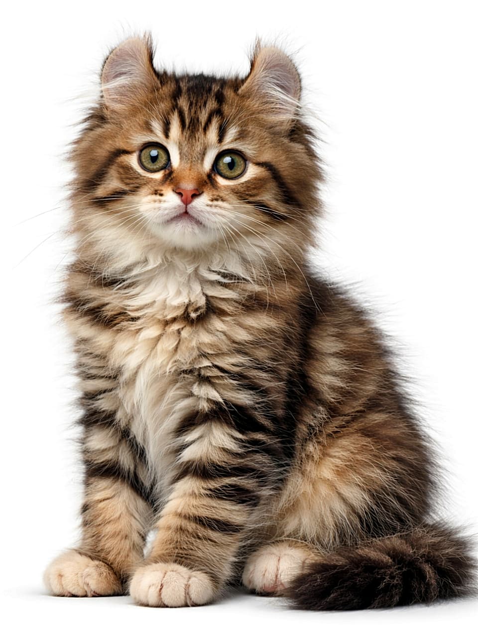「くるんと反ったお耳がチャームポイント。ふわふわ毛並みのアメリカンカール子猫に癒やされる一枚🐾」Photorealistic brown tabby longhair American Curl kitten sitting, full body visible, natural light, high resolution 自然光の下で座る、全身が写ったブラウンタビーの長毛アメリカンカール子猫の高精細写真