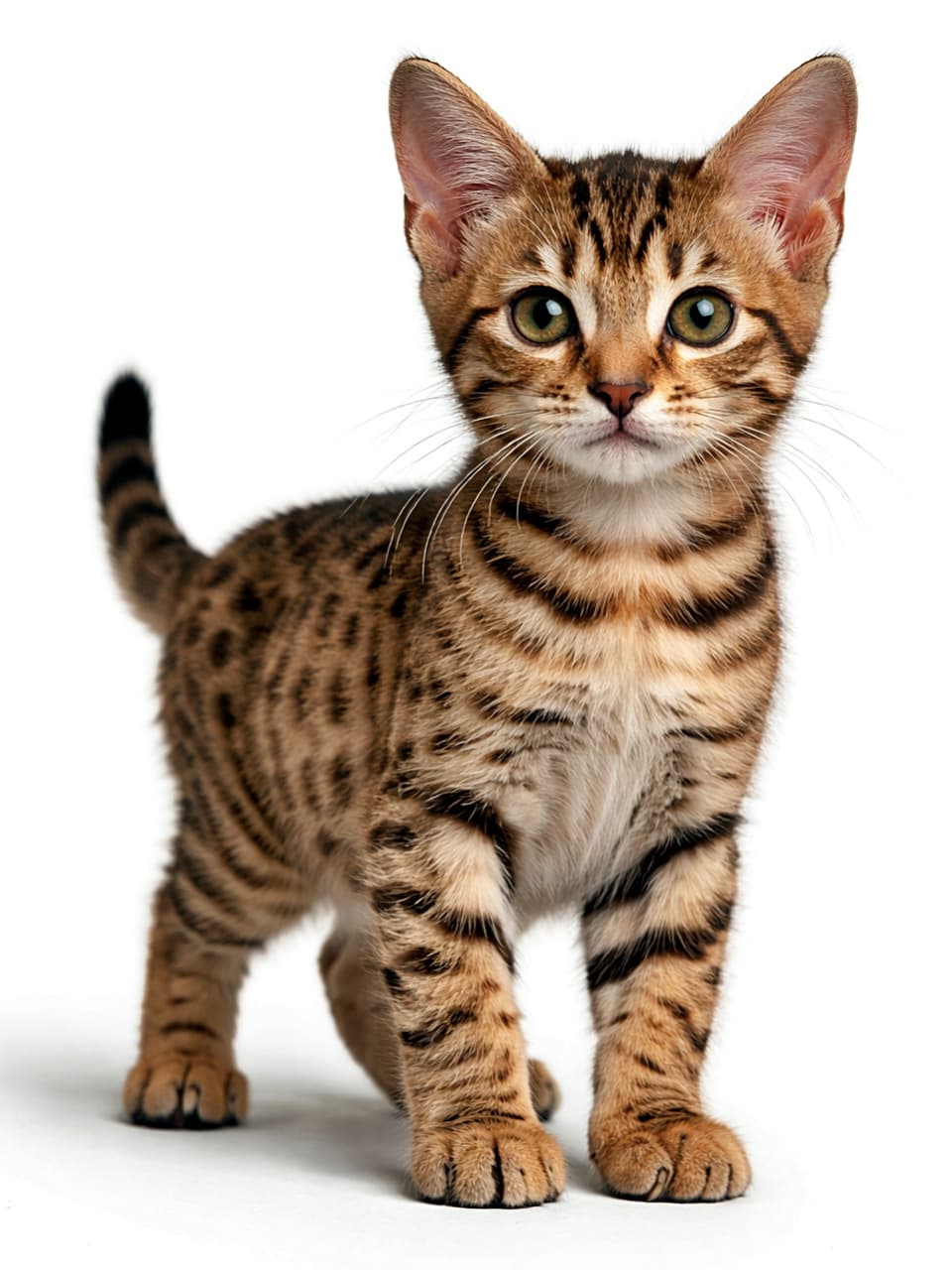 「ちょこんと立つ姿にキュン！野性味と可愛さが同居するオシキャットの子猫」Photorealistic chocolate spotted tabby Ocicat kitten standing with full body visible on a white background 白背景の上に立つ、全身が写ったチョコレートスポッテッドタビーのオシキャット子猫のリアルな写真