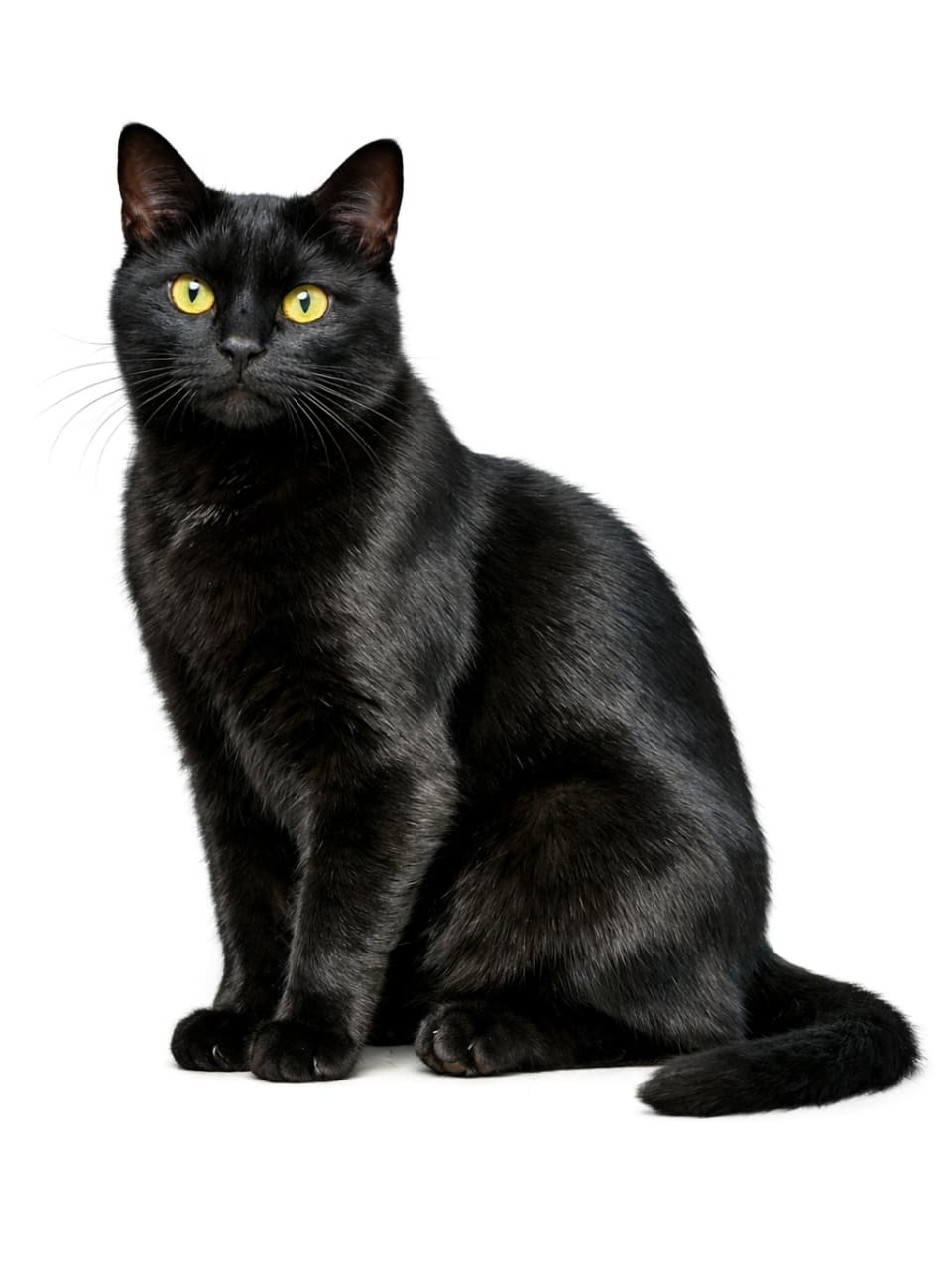 「黒は色じゃない、質感だ。光を映すボンベイキャット、その美しさに息をのむ」High-resolution full-body image of a jet black Bombay cat with sleek glossy fur and luminous yellow eyes, photographed in natural light. 自然光の中で撮影された、艶やかな黒い被毛と輝く黄色い瞳を持つボンベイキャットの高解像度全身写真
