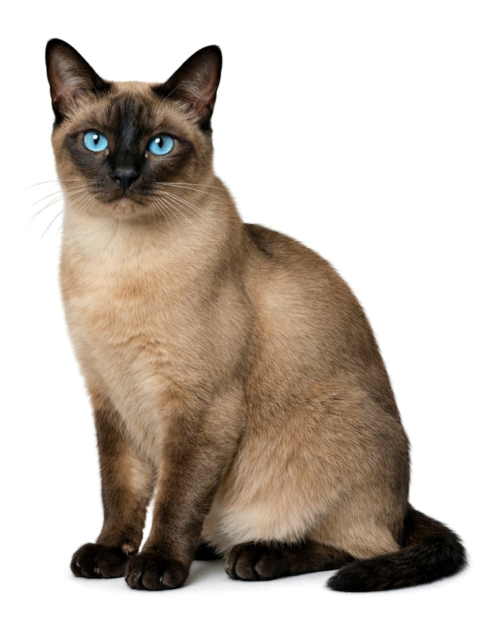 「ミンクカラーの気品をまとったトンキニーズ。澄んだ青い瞳に、つい見とれてしまう一瞬」Photorealistic natural mink Tonkinese cat sitting upright, full body visible, with aqua-blue eyes and smooth glossy fur under soft natural light. ナチュラルミンクカラーのトンキニーズ猫が全身見える状態で座り、青い瞳と艶のある毛並みが自然光に照らされている様子