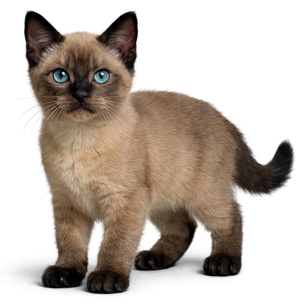 「ぬいぐるみ感ゼロ、リアル感100%。ミンクカラーが美しいトンキニーズの子猫です🐾」Photorealistic Natural Mink Tonkinese kitten standing with its full body visible, blue-green eyes and smooth mink-colored coat under natural light ナチュラルミンクのトンキニーズ子猫が全身見える状態で立っている、自然光に照らされたリアルな写真
