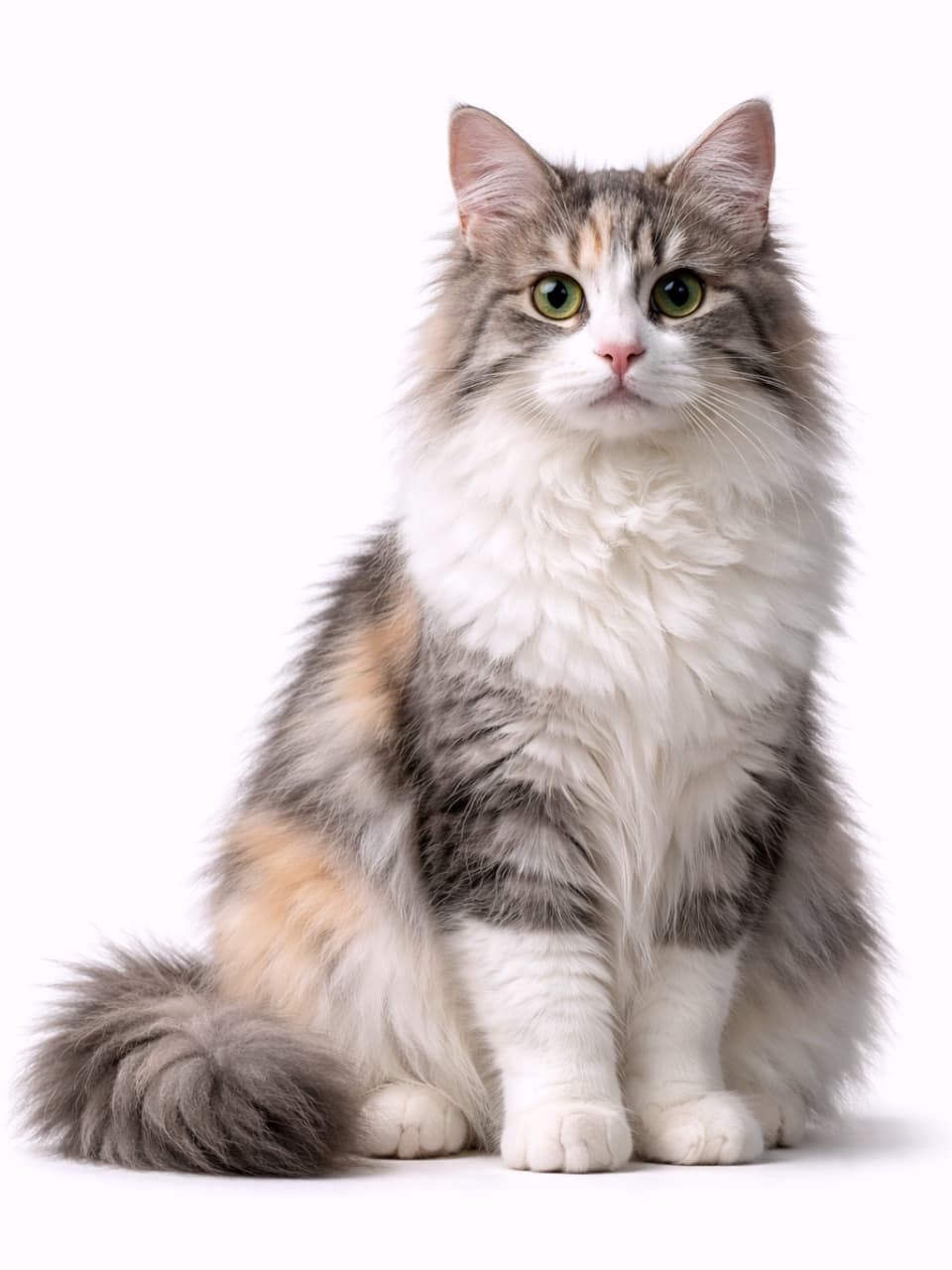 「ふわもこ感、ここに極まる。全身から伝わるラガマフィンの気品とやさしさ✨」Photorealistic full-body portrait of a silver patched tabby and white Ragamuffin cat sitting calmly, with detailed fur texture and natural light. シルバーパッチドタビー＆ホワイトのラガマフィン猫が、全身が写る構図で落ち着いて座っている高精細リアル写真