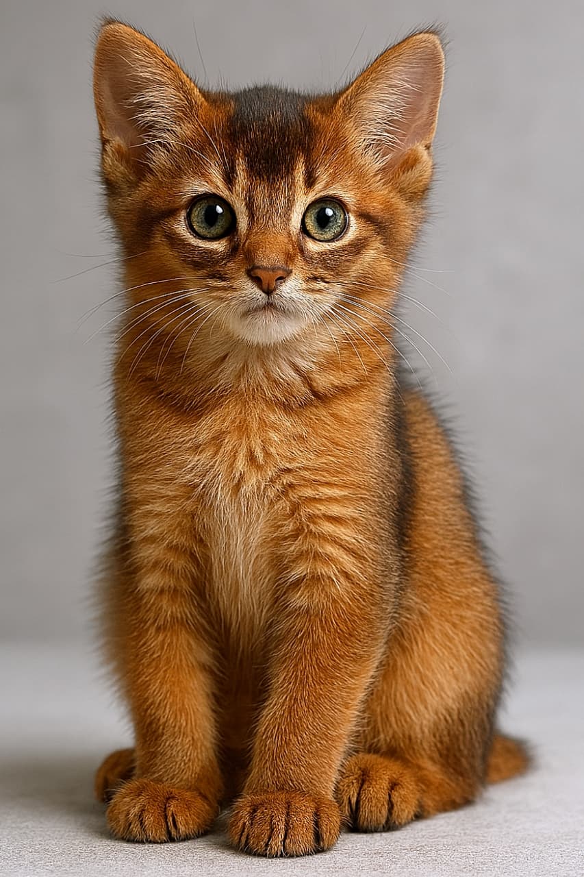 「光の中でふわっと輝く、ルディの小さな王子さま」A full‑body photorealistic image of a ruddy Somali kitten sitting on a smooth neutral surface, with each strand of reddish‑brown ticked fur rendered in natural light. The kitten’s green eyes show detailed iris patterns and reflections, and all anatomical features—ears, nose, mouth, paws, and paw pads—are accurately positioned without distortion. ルディ（赤褐色ティックドタビー）のソマリ子猫が全身写っているフォトリアル画像。自然光の下で一本一本の毛並みが方向・太さ・光沢まで精密に描写され、緑色の瞳には虹彩模様と反射が物理的に正確に表現されている。耳・鼻・口・前足・後足・肉球などすべての解剖学的特徴が歪みなく配置されている