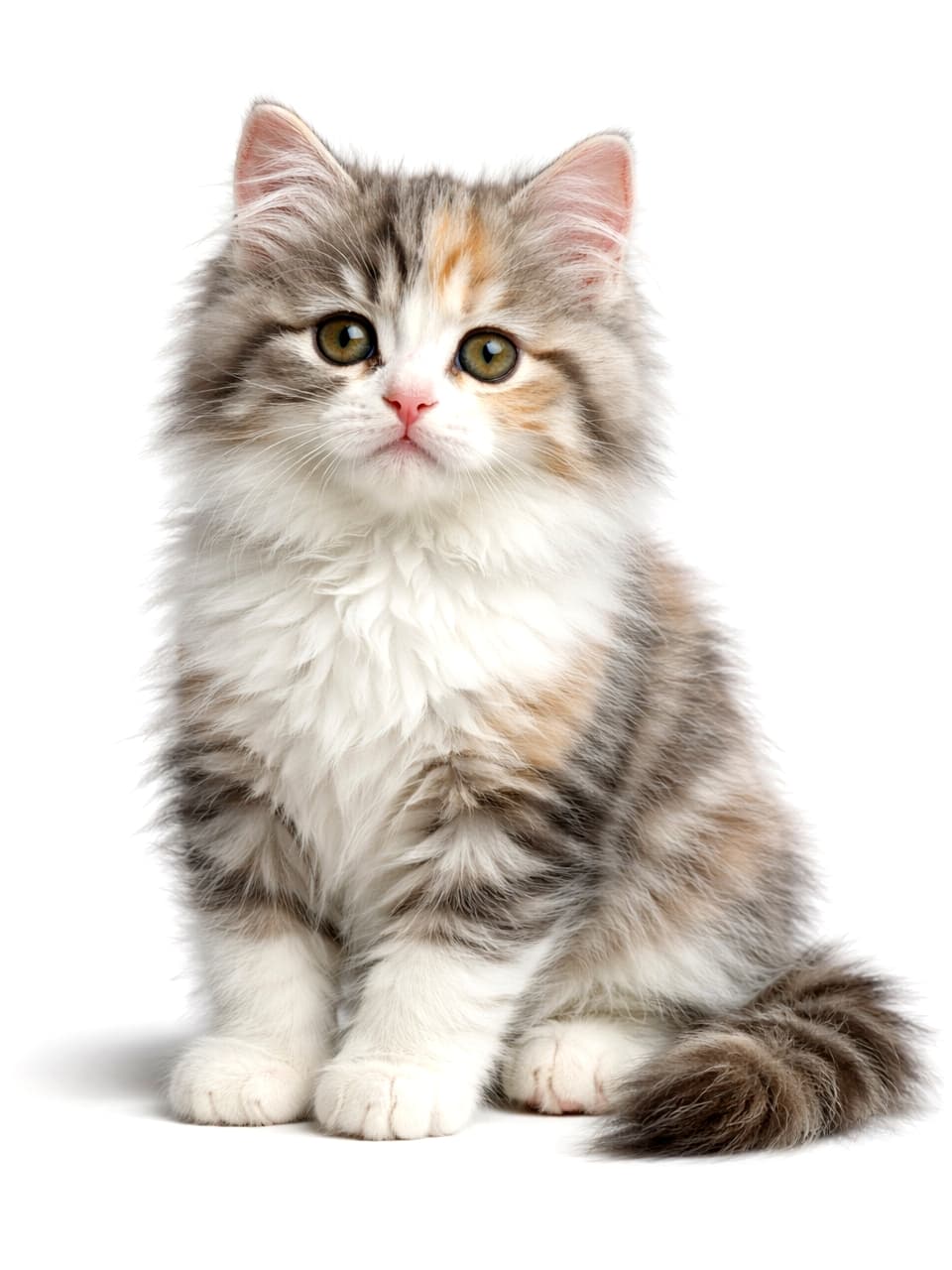 「もふもふ感がたまらない💖シルバー模様が美しいラガマフィン子猫の正統派ショット🐾」Photorealistic silver patched tabby and white Ragamuffin kitten sitting calmly, full body visible, with detailed fluffy fur and natural light. シルバーパッチドタビー＆ホワイトのラガマフィン子猫が、全身が見える状態で落ち着いて座っているフォトリアルな画像