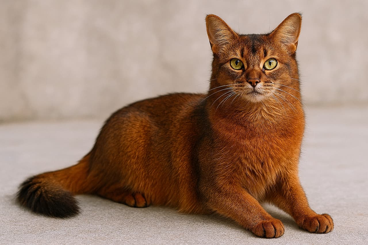「✨毛並みまでリアル！赤褐色ソマリ猫の全身フォトショット🐾」A photorealistic Somali cat with reddish-brown ticked tabby fur, sitting on a smooth gray surface. Its full body is visible, showcasing detailed fur texture, accurate anatomical features, and natural lighting. 滑らかな灰色の床に座る、赤褐色のティックドタビー模様を持つソマリ猫のフォトリアル画像。全身が写っており、毛並みの質感や身体の構造が自然光のもとで精密に描写されている