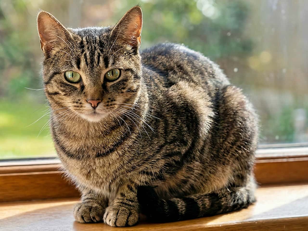 「窓辺でひなたぼっこ中の猫さん☀️ 宝石みたいな瞳に見つめられたら、もう動けないよ〜🥺💕」Front view of a tabby cat sitting neatly on a wooden window sill. Natural sunlight streams in from the window behind, highlighting the intricate fur details and green eyes. 木製の窓枠にお行儀よく座り、こちらを見つめるキジトラ猫。背後の窓から入る自然光が、繊細な毛並みのディテールと緑色の瞳を美しく際立たせている