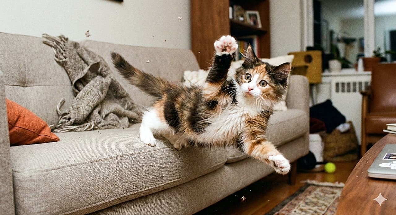 「「ああっ、届かにゃい！」💦 ソファへのジャンプに失敗して、空中でジタバタする三毛猫ちゃんがドンマイすぎる😂」An action shot of a fluffy calico kitten in mid-air, having seemingly missed a jump to a light grey sofa. The kitten is in a funny, clumsy pose with its paws spread wide and a surprised expression, sliding off the edge. A part of a laptop is visible in the bottom right corner of the living room setting. ライトグレーのソファに飛び乗ろうとして失敗したような、空中にいるふわふわの三毛の子猫のアクションショット。手足をいっぱいに広げ、驚いた表情で縁から滑り落ちるコミカルで不器用な瞬間を捉えている。リビングルームの右下隅にはノートパソコンの一部が見える
