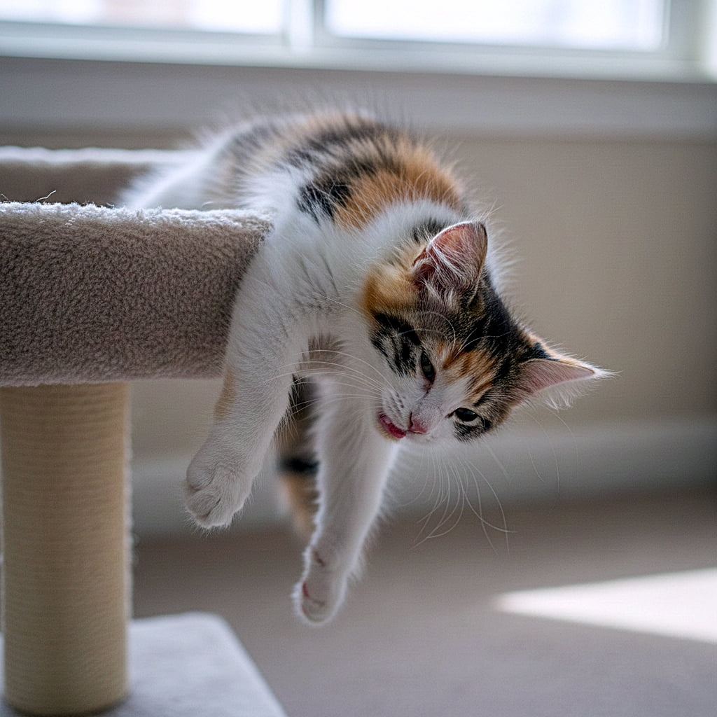 「にゃんこは液体！？キャットタワーからとろけ落ちそうな三毛猫ちゃんの、究極のダラダラポーズ🐈💧」A calico kitten draped lazily over the edge of a beige cat tower, with its front paws and head dangling helplessly like a liquid. ベージュのキャットタワーの縁から、前足と頭をだらんと垂らして液体のようにリラックスしている三毛の子猫の写真
