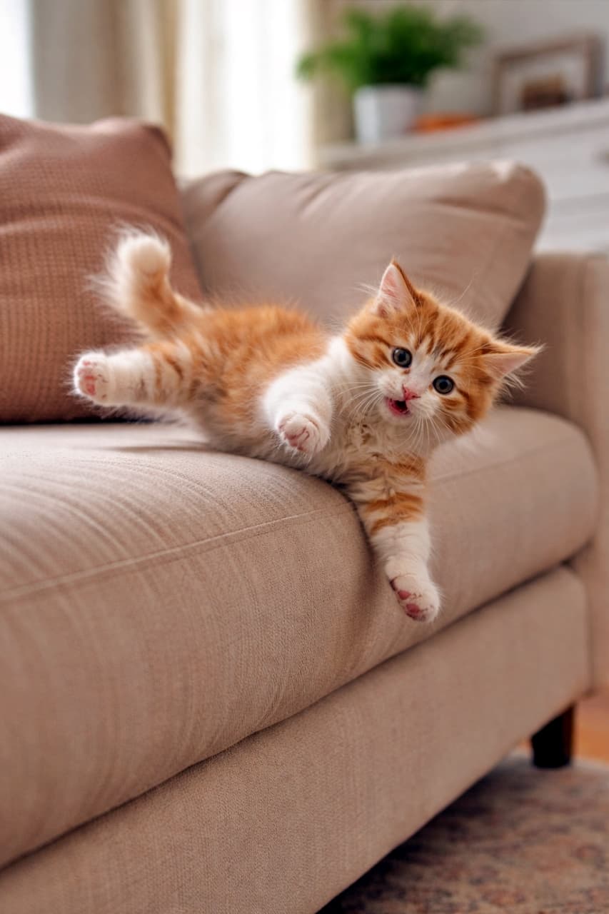 「いけると思った、その瞬間！ソファに届かずずる〜っと落ちるドジかわ子猫🐾」A fluffy orange and white kitten slipping off a beige sofa mid-jump, caught in a funny clumsy pose with a surprised expression. ベージュのソファに飛び乗ろうとして失敗し、横向きに滑り落ちるオレンジ白の子猫のコミカルな瞬間
