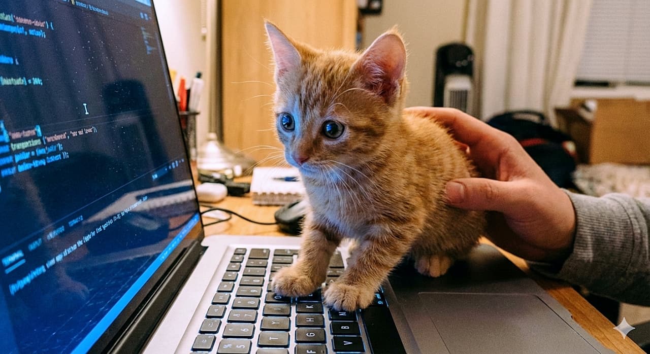 「お仕事のお手伝いするニャ！💻 画面の光を目に映して、真剣モードの子猫エンジニア✨」An orange tabby kitten sits directly on a laptop keyboard, looking at the screen displaying code with intense curiosity, as if "helping" the user whose hand is on its back. The blue glow of the monitor is reflecting in its eyes. ノートパソコンのキーボードの上に直接座り、コードが表示された画面を強い好奇心で見つめている茶トラの子猫。まるで背中に手を添えているユーザーを「お手伝い」しているようだ。モニターの青い光が目に反射している