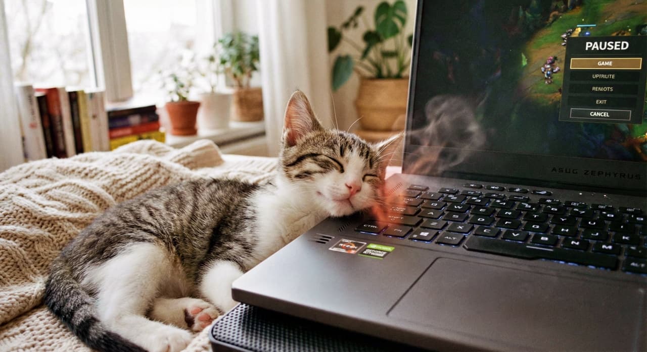 「ゲームは一時停止！🚫 PCの排熱が心地よくて、キーボードの上で夢の中へ…🎮💤」A tabby and white kitten sleeping on a gaming laptop keyboard, resting its head near the warm exhaust vent which emits visible steam. The screen shows a paused game scene. ゲーミングノートPCのキーボード上で、熱気（湯気）が出る排気口に顔を寄せて眠るキジ白の子猫。画面にはゲームの一時停止（PAUSED）画面が表示されている