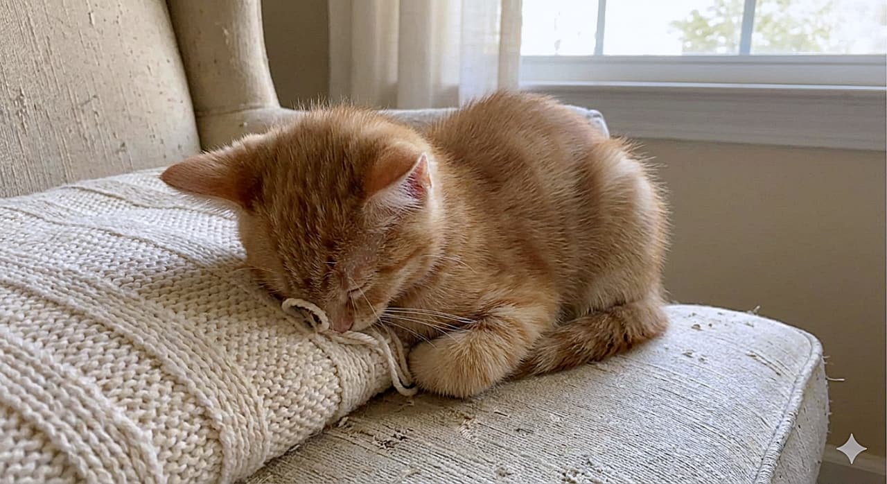 「クッションに顔を突っ込んで、燃え尽きたパンの塊（子猫）。もう動けないにゃ🐾 おつかれさま💤」A close-up photograph looking down at a small, orange and white tabby kitten completely face-planted and sleeping soundly on a textured knitted white cushion. Its face is buried deep in the fabric, only its back and visible ears create a compact "loaf of bread" shape from this angle. Its paws are tucked underneath. It rests on a worn upholstered armchair with a window and soft natural light view of blurred greenery in the background. The wall is to the right. 質感のある編み込まれた白いクッションの上に、顔全体を完全にうずめて突っ伏して眠る、小さな茶トラ白の子猫を真上から捉えたクローズアップ写真。顔は見えず、コンパクトに丸まった体と耳だけがパンの塊のような形をしています。子猫の前足は下に隠されています。猫のひっかき傷がいくつか見える使い古された布張りの椅子に横たわっており、背景には柔らかい自然光の差し込む窓とぼやけた緑が見えます