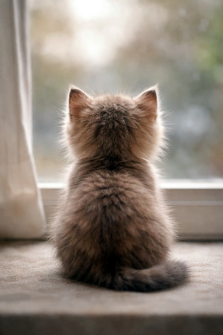 「外の世界を知った気になっている、小さな背中。今日も子猫は、窓辺でひとり哲学中」A fluffy kitten seen from behind, sitting on a windowsill and quietly looking outside, showing its round head and tiny ears. 窓辺に座り、丸い後頭部と小さな耳をこちらに向けて外を見つめる子猫の後ろ姿