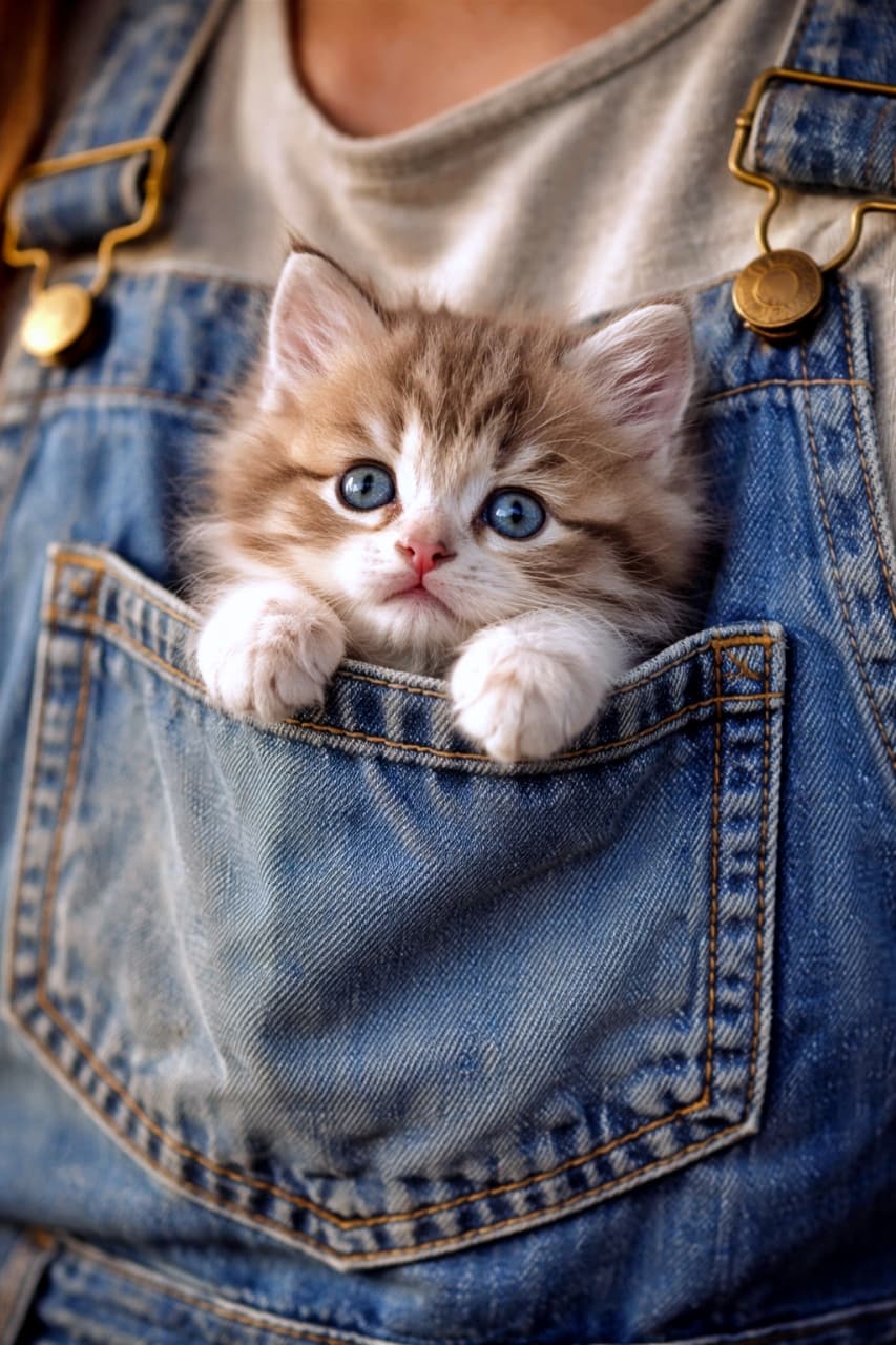 「胸ポケットからこんにちは。
作業着の中に、世界一かわいい相棒がいました」A blue-eyed kitten peeking out of the chest pocket of a denim overall, with tiny paws resting on the edge in soft natural light. デニムオーバーオールの胸ポケットから、青い瞳の子猫が小さな前足を出してこちらをのぞいている様子