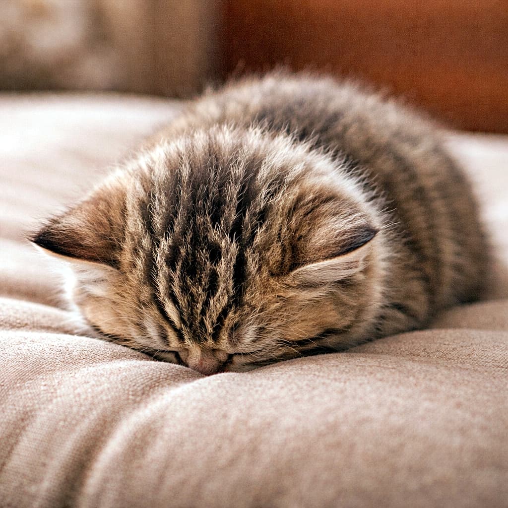 「遊びきって電池切れ。顔から突っ伏してそのまま夢の世界へ…これはもう「ねこパン」完成です」A kitten sleeping face-down on a soft cushion, nose buried in the fabric, ears flattened, resembling a loaf of bread from exhaustion. クッションに顔をうずめ、耳を倒してパンのような形で眠り込む、完全に力尽きた子猫