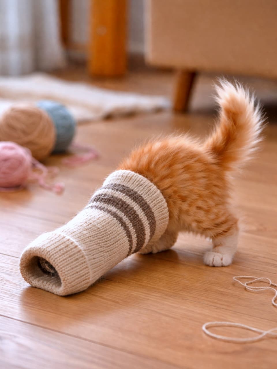 「靴下の罠に完全敗北。もがく後ろ姿まで愛おしい、子猫のドジかわ瞬間🧦🐾」A fluffy orange tabby kitten with its head stuck inside a wool sock, standing confused on a wooden floor with yarn nearby. ウールの靴下に頭がすっぽり入ってしまい、困惑した様子で立ち尽くす茶トラの子猫