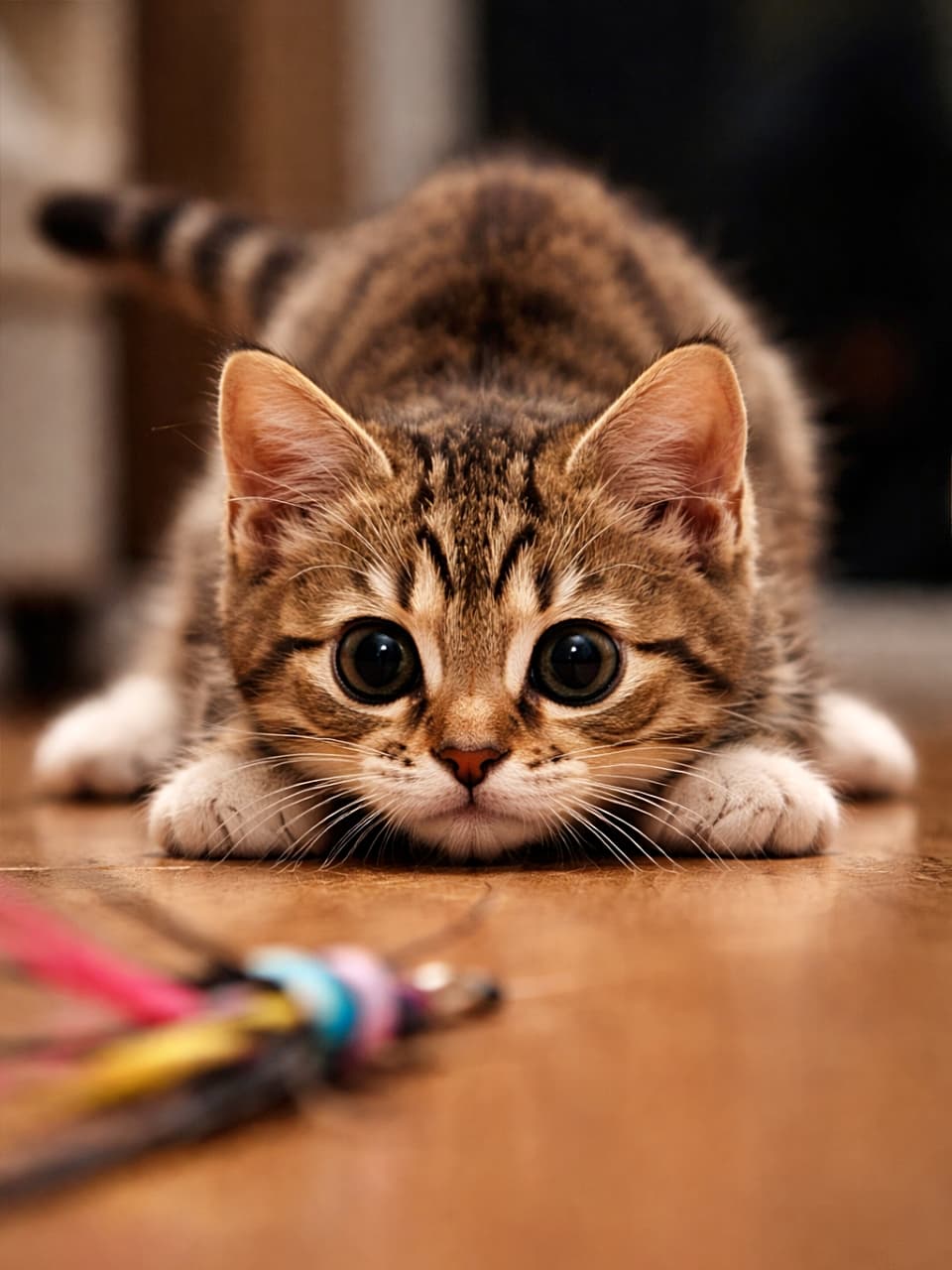「飛ぶ前の“おしりフリフリ”が可愛すぎる…！この集中力、完全に狩人モードです🐾」Low-angle shot of a kitten crouching and about to pounce, pupils fully dilated, intensely focused on a toy on the floor. おもちゃをじっと見つめ、瞳孔が開いた状態で飛びかかる直前の子猫をローアングルで捉えた写真